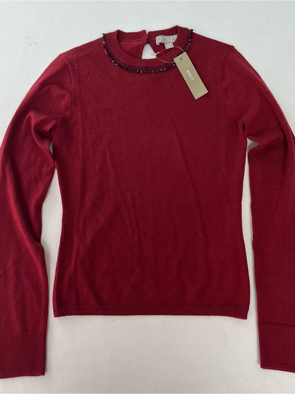 J.Crew Woman’s Carolyn Burgundy Embellished Fitted Crewneck Merino Wool Sweater